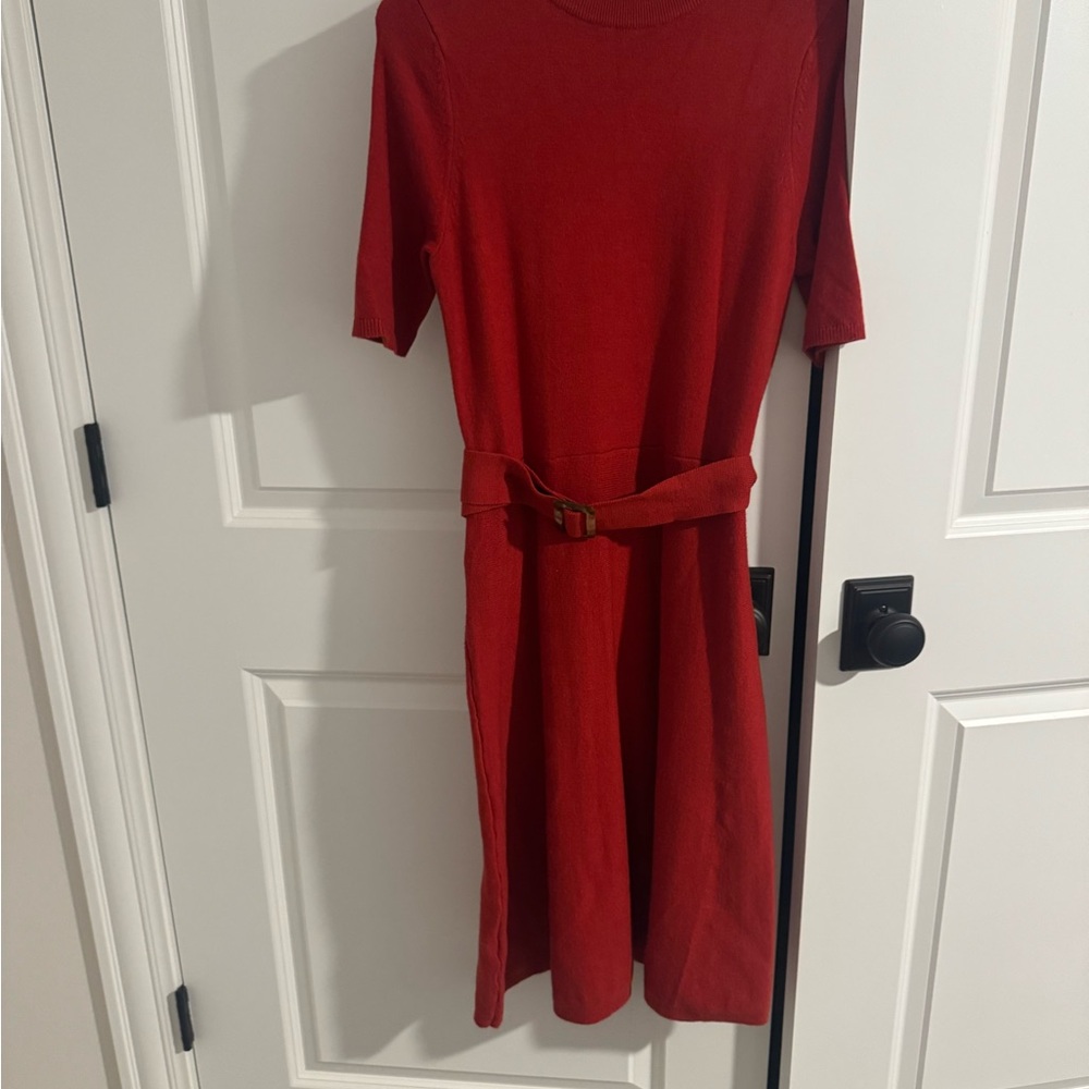 LOFT Red Midi Dress with Buckle Belt